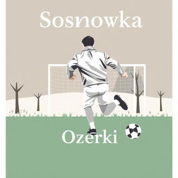 A minimalist image featuring a soccer player wearing a silver leather jacket, in motion towards the goal in a park-like setting named Sosnovka