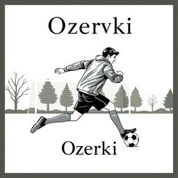 A minimalist image featuring a soccer player wearing a silver leather jacket, in motion towards the goal in a park-like setting named Sosnovka