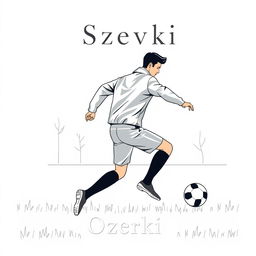 A minimalist image featuring a soccer player wearing a silver leather jacket, in motion towards the goal in a park-like setting named Sosnovka