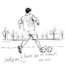 A minimalist sketch-style image featuring a soccer player wearing a silver leather jacket, in motion towards the goal in a park-like setting named Sosnovka