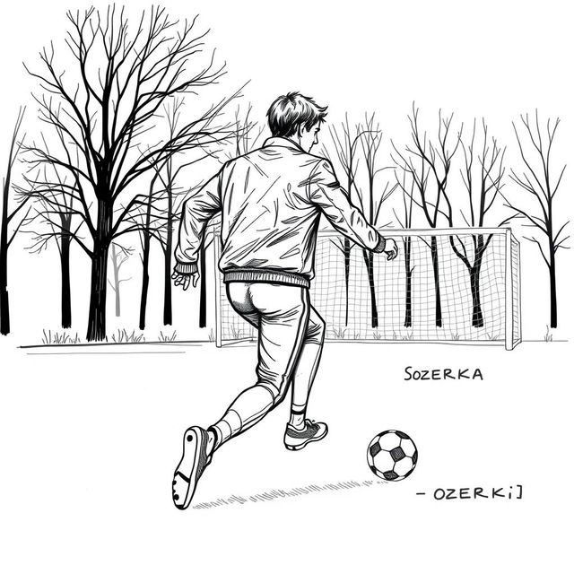 A minimalist sketch-style image featuring a soccer player wearing a silver leather jacket, in motion towards the goal in a park-like setting named Sosnovka