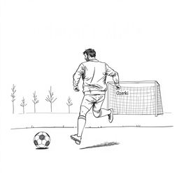 A minimalist sketch-style image featuring a soccer player wearing a silver leather jacket, in motion towards the goal in a park-like setting named Sosnovka