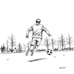 A minimalist sketch-style image featuring a soccer player wearing a silver leather jacket, in motion towards the goal in a park-like setting named Sosnovka