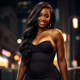 A glamorous portrait of a sexy voluptuous ebony woman, showcasing her stunning curves in a form-fitting, elegant dress that accentuates her figure