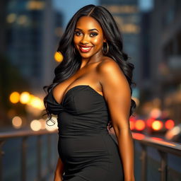 A glamorous portrait of a sexy voluptuous ebony woman, showcasing her stunning curves in a form-fitting, elegant dress that accentuates her figure