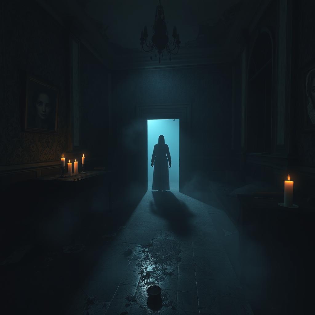 An intense and atmospheric horror game scene set in an abandoned, eerie mansion