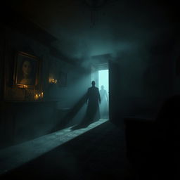 An intense and atmospheric horror game scene set in an abandoned, eerie mansion