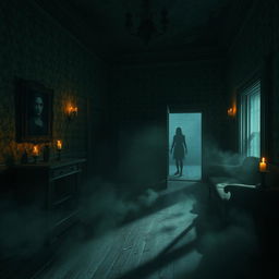 An intense and atmospheric horror game scene set in an abandoned, eerie mansion