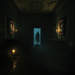 An intense and atmospheric horror game scene set in an abandoned, eerie mansion