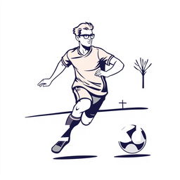 A minimalist image featuring a soccer player wearing glasses, in action as he strides towards the goal