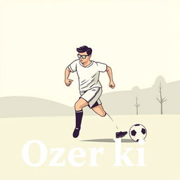 A minimalist image featuring a soccer player wearing glasses, in action as he strides towards the goal