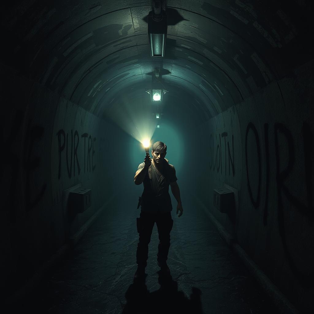 A gripping horror game scene set inside a dark, claustrophobic tunnel