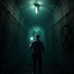 A gripping horror game scene set inside a dark, claustrophobic tunnel