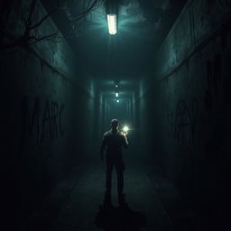 A gripping horror game scene set inside a dark, claustrophobic tunnel