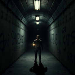 A gripping horror game scene set inside a dark, claustrophobic tunnel