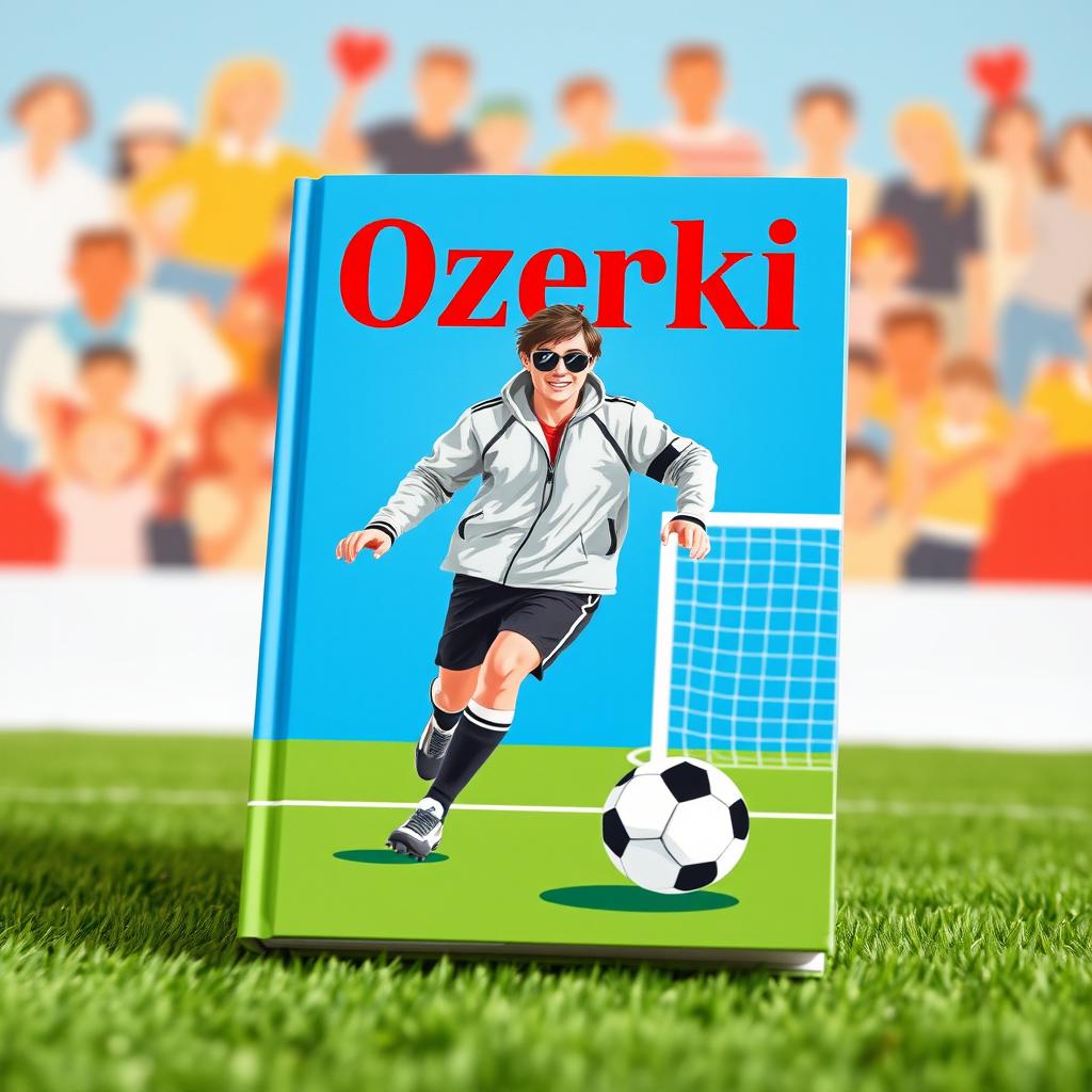 A vibrant book cover featuring a minimalist image of a soccer player in sunglasses and a silver jacket, confidently heading towards the goal