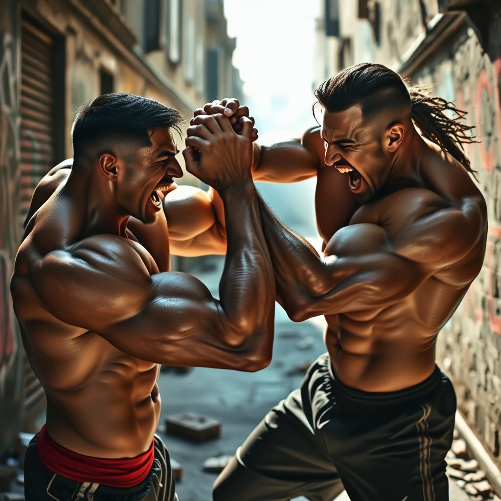 A dynamic scene depicting two muscular men engaged in a fierce fight in an urban setting, with high energy and intense facial expressions