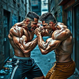 A dynamic scene depicting two muscular men engaged in a fierce fight in an urban setting, with high energy and intense facial expressions