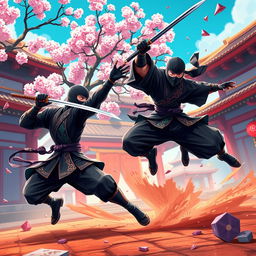 A high-energy scene showcasing two ninjas in an epic battle, rendered in a vibrant and stylized video game aesthetic