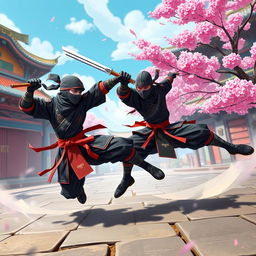 A high-energy scene showcasing two ninjas in an epic battle, rendered in a vibrant and stylized video game aesthetic