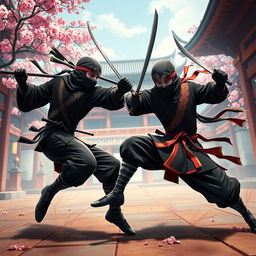 A high-energy scene showcasing two ninjas in an epic battle, rendered in a vibrant and stylized video game aesthetic