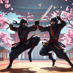 A high-energy scene showcasing two ninjas in an epic battle, rendered in a vibrant and stylized video game aesthetic