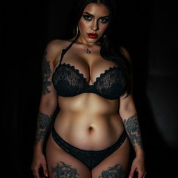 A gothic girl with large, voluptuous thighs and breasts, wearing stylish underwear that complements her figure