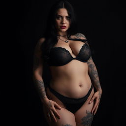 A gothic girl with curvy thighs and voluptuous breasts, wearing stylish underwear that accentuates her figure