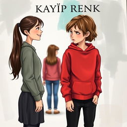 A captivating book cover for 'Kayıp Renk', featuring two girls standing side by side