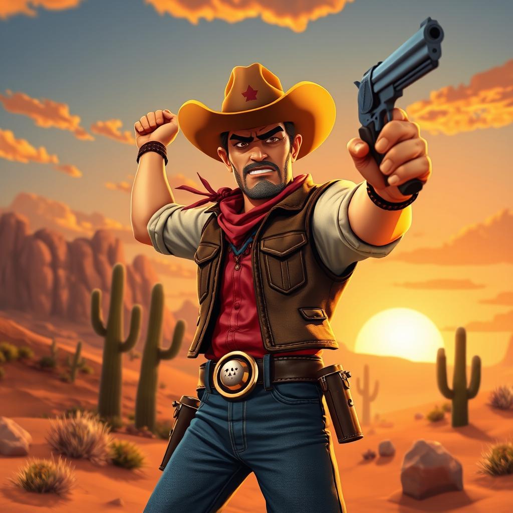 A stylized scene of a cowboy confidently raising his gun in a classic Western setting, portrayed in an eye-catching video game art style