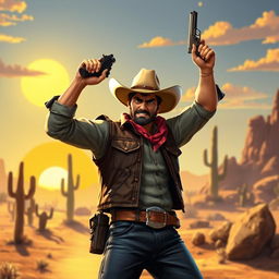 A stylized scene of a cowboy confidently raising his gun in a classic Western setting, portrayed in an eye-catching video game art style