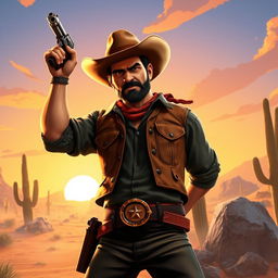 A stylized scene of a cowboy confidently raising his gun in a classic Western setting, portrayed in an eye-catching video game art style