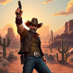 A stylized scene of a cowboy confidently raising his gun in a classic Western setting, portrayed in an eye-catching video game art style