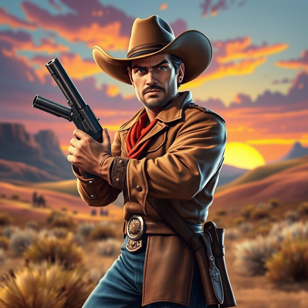 A striking image of a cowboy confidently holding his gun in a dramatic pose, rendered in a vibrant video game art style