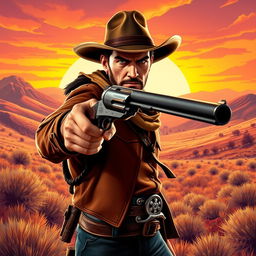 A striking image of a cowboy confidently holding his gun in a dramatic pose, rendered in a vibrant video game art style