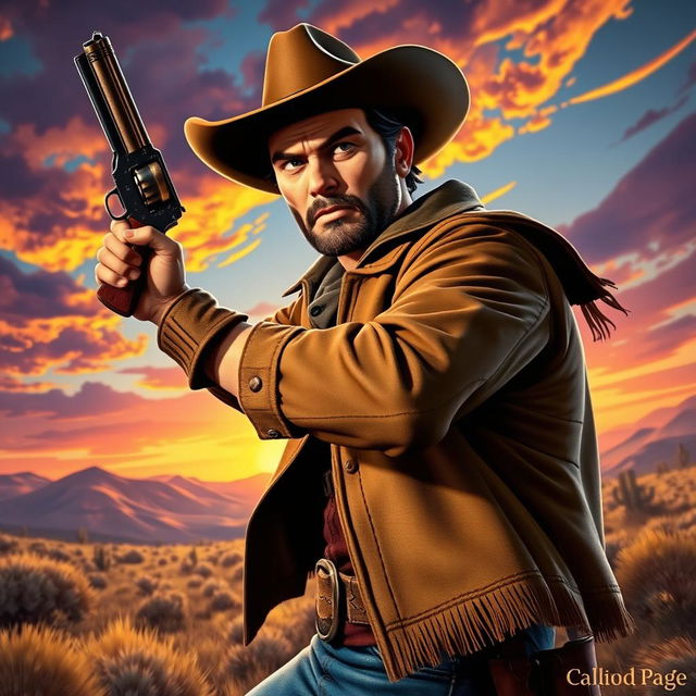 A striking image of a cowboy confidently holding his gun in a dramatic pose, rendered in a vibrant video game art style