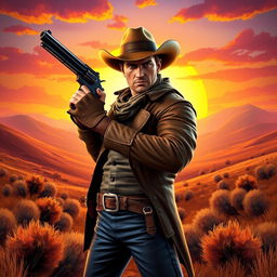 A striking image of a cowboy confidently holding his gun in a dramatic pose, rendered in a vibrant video game art style