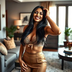 A stunning Indian woman embodying the essence of a 'hot wife', featuring long dark hair and wearing an elegant, stylish outfit that highlights her curves, including a supportive 36DD bra subtly visible under a fashionable top