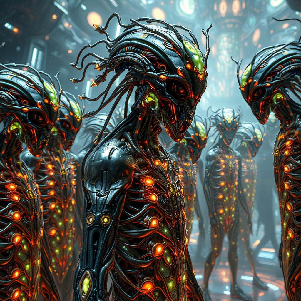 A symbiotic hive-mind civilization reminiscent of the Brood or Borg, depicted as a vast network of interconnected beings merging biological and mechanical elements seamlessly