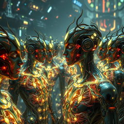 A symbiotic hive-mind civilization reminiscent of the Brood or Borg, depicted as a vast network of interconnected beings merging biological and mechanical elements seamlessly