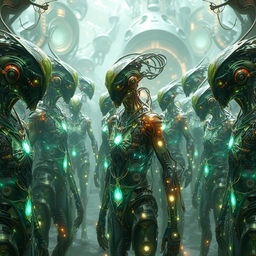 A symbiotic hive-mind civilization reminiscent of the Brood or Borg, depicted as a vast network of interconnected beings merging biological and mechanical elements seamlessly