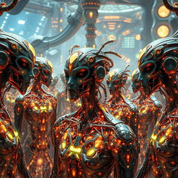 A symbiotic hive-mind civilization reminiscent of the Brood or Borg, depicted as a vast network of interconnected beings merging biological and mechanical elements seamlessly