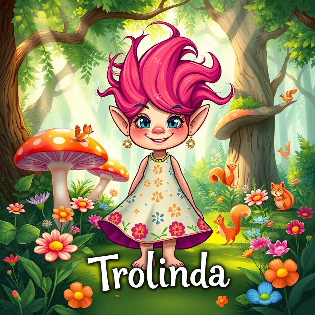 A whimsical book cover illustration titled 'Trolinda' featuring a friendly, stylish troll named Trolinda