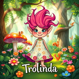 A whimsical book cover illustration titled 'Trolinda' featuring a friendly, stylish troll named Trolinda