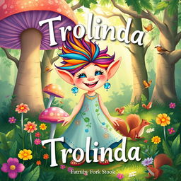 A whimsical book cover illustration titled 'Trolinda' featuring a friendly, stylish troll named Trolinda