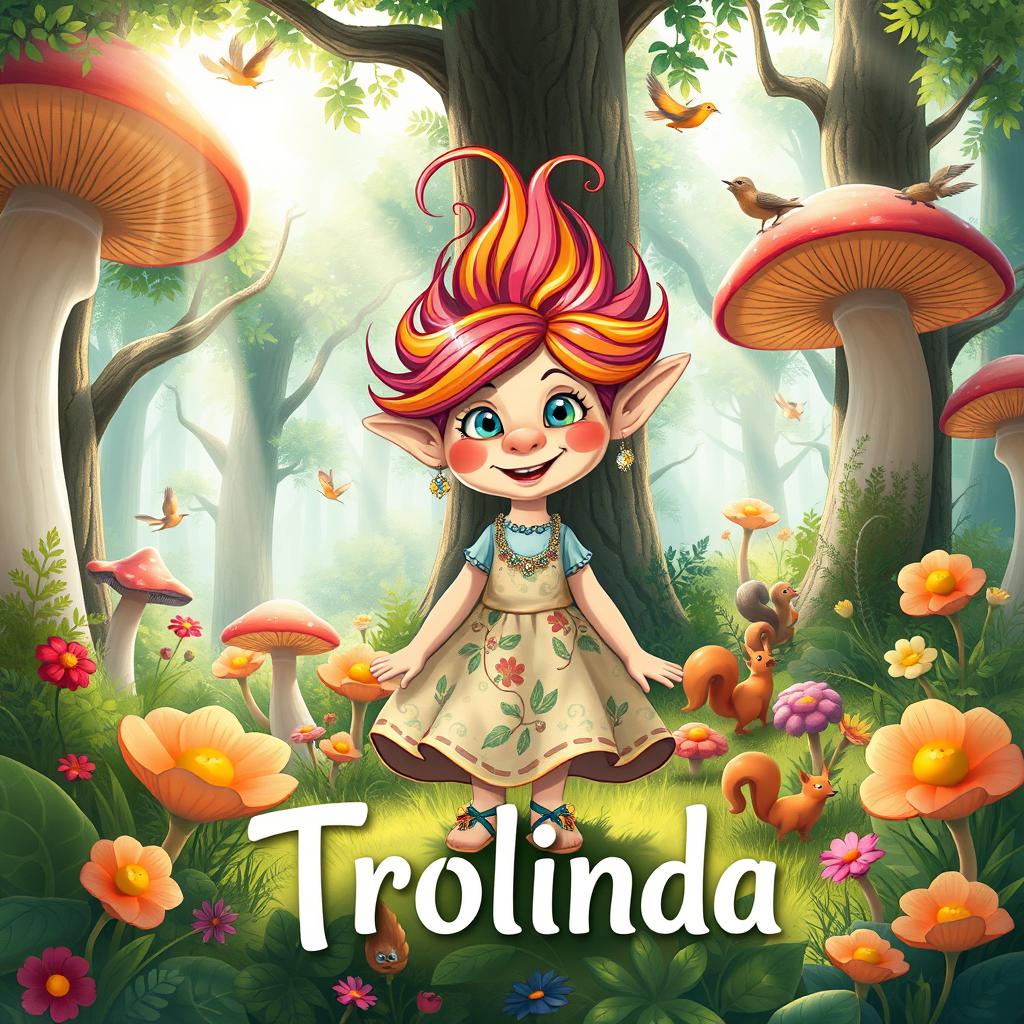 A whimsical book cover illustration titled 'Trolinda' featuring a friendly, stylish troll named Trolinda