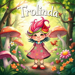 A whimsical book cover illustration titled 'Trolinda' featuring a friendly, stylish troll named Trolinda