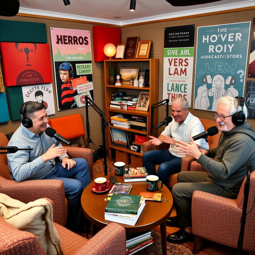 A cozy, inviting podcast studio featuring middle-aged hosts discussing various topics, surrounded by microphones, colorful soundproof panels, and warm lighting