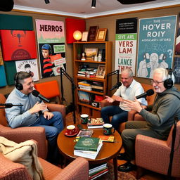 A cozy, inviting podcast studio featuring middle-aged hosts discussing various topics, surrounded by microphones, colorful soundproof panels, and warm lighting