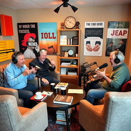 A cozy, inviting podcast studio featuring middle-aged hosts discussing various topics, surrounded by microphones, colorful soundproof panels, and warm lighting